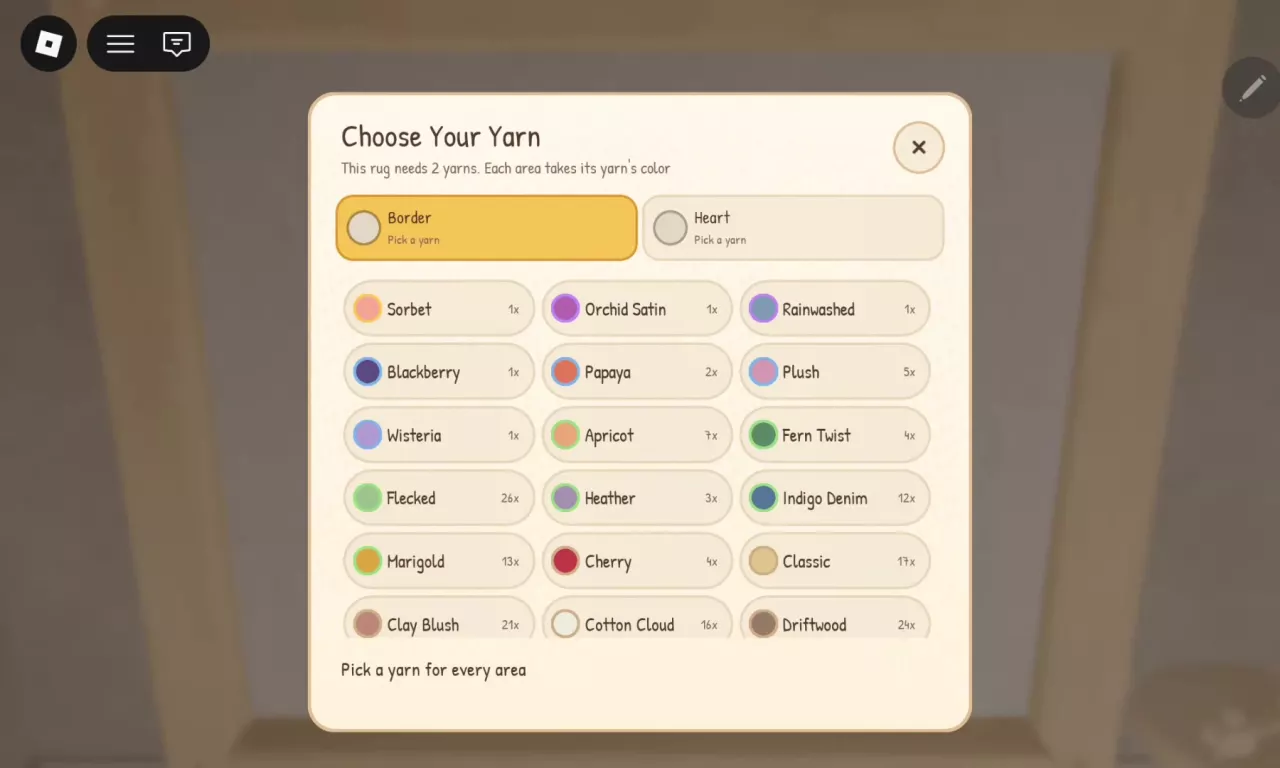 Inset Heart yarn selection with Border and Heart assignment slots and available yarn quantities.