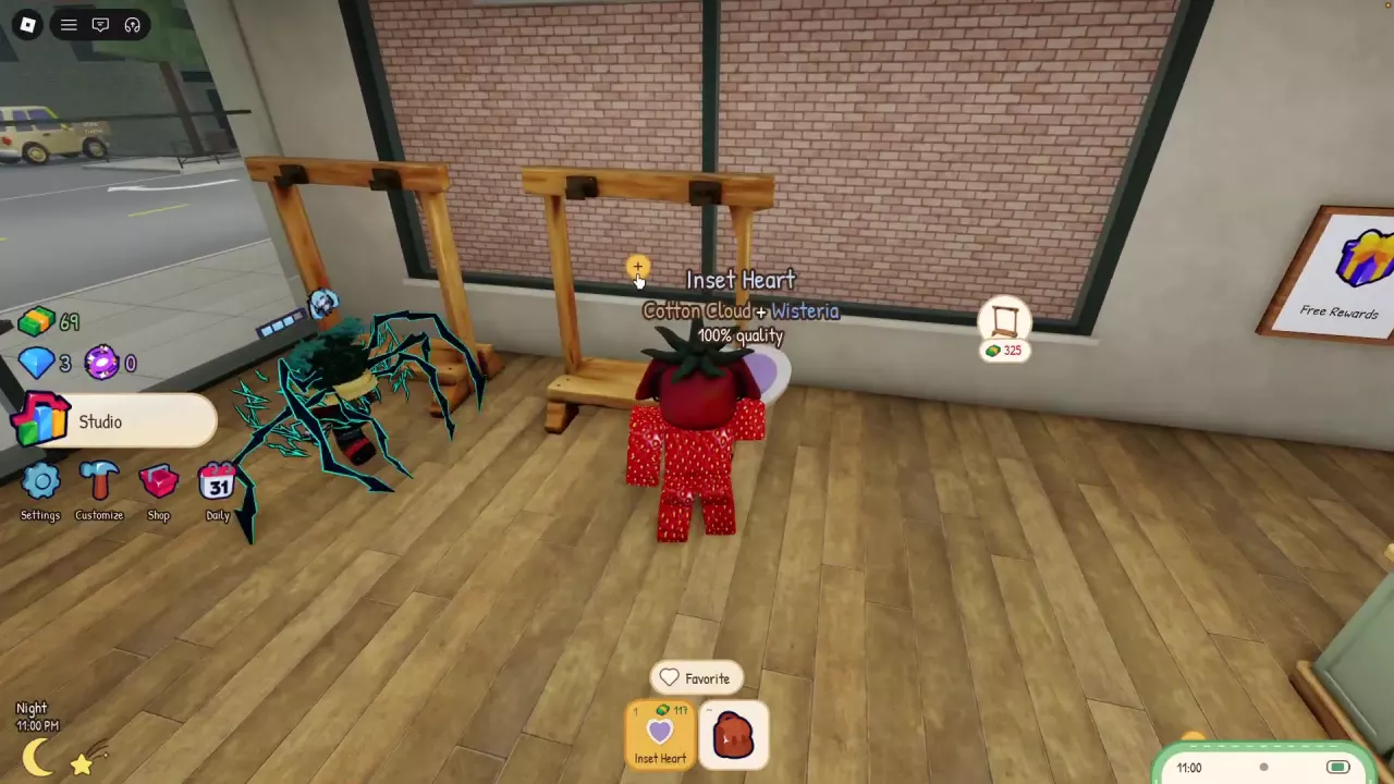 Player holding an Inset Heart beside an empty window-side rack with a yellow plus interaction.