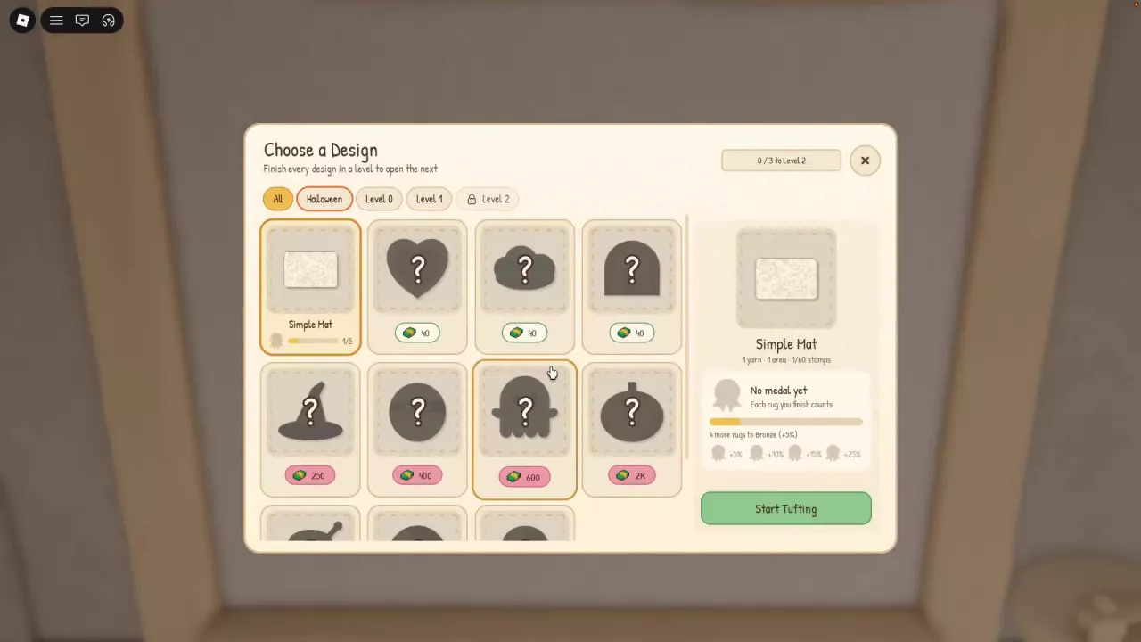 Simple Mat displaying 1/60 stamps alongside 1/5 mastery progress and four more rugs to Bronze.
