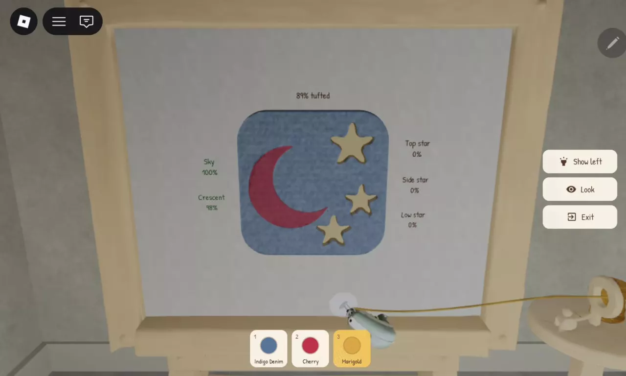 Moon and Stars at 89% tufted, with a complete background, an unfinished crescent, and three stars at 0%.