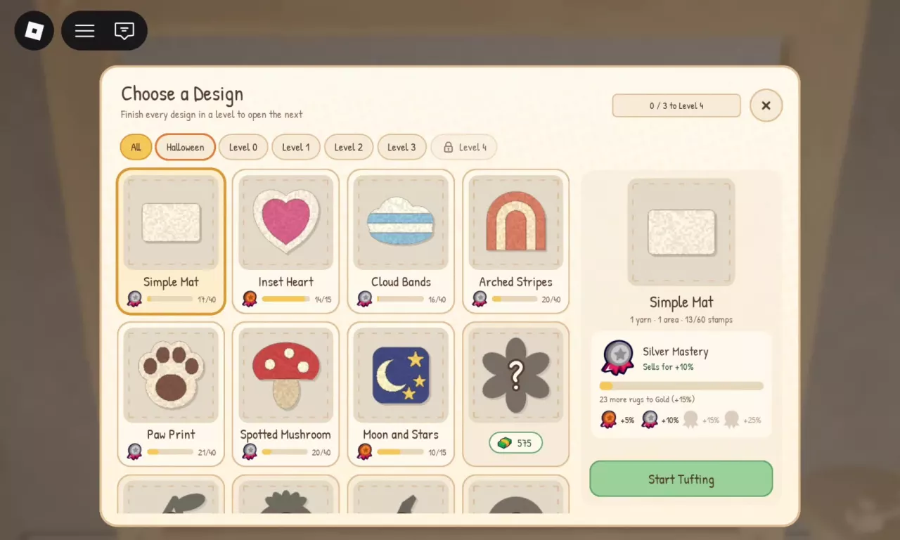 Simple Mat mastery panel showing Silver&rsquo;s +10% selling bonus and 23 more rugs needed for Gold.