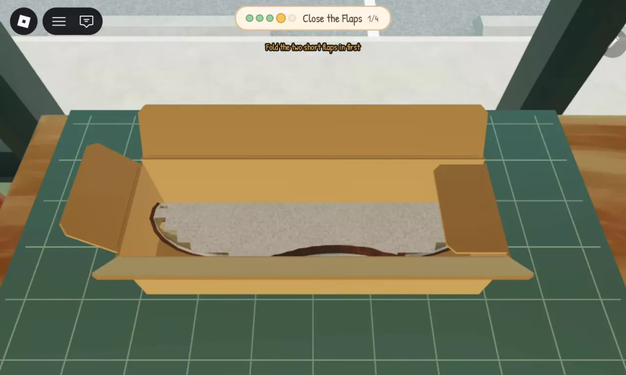 Open order box with the short-flaps-first prompt above the rolled rug.