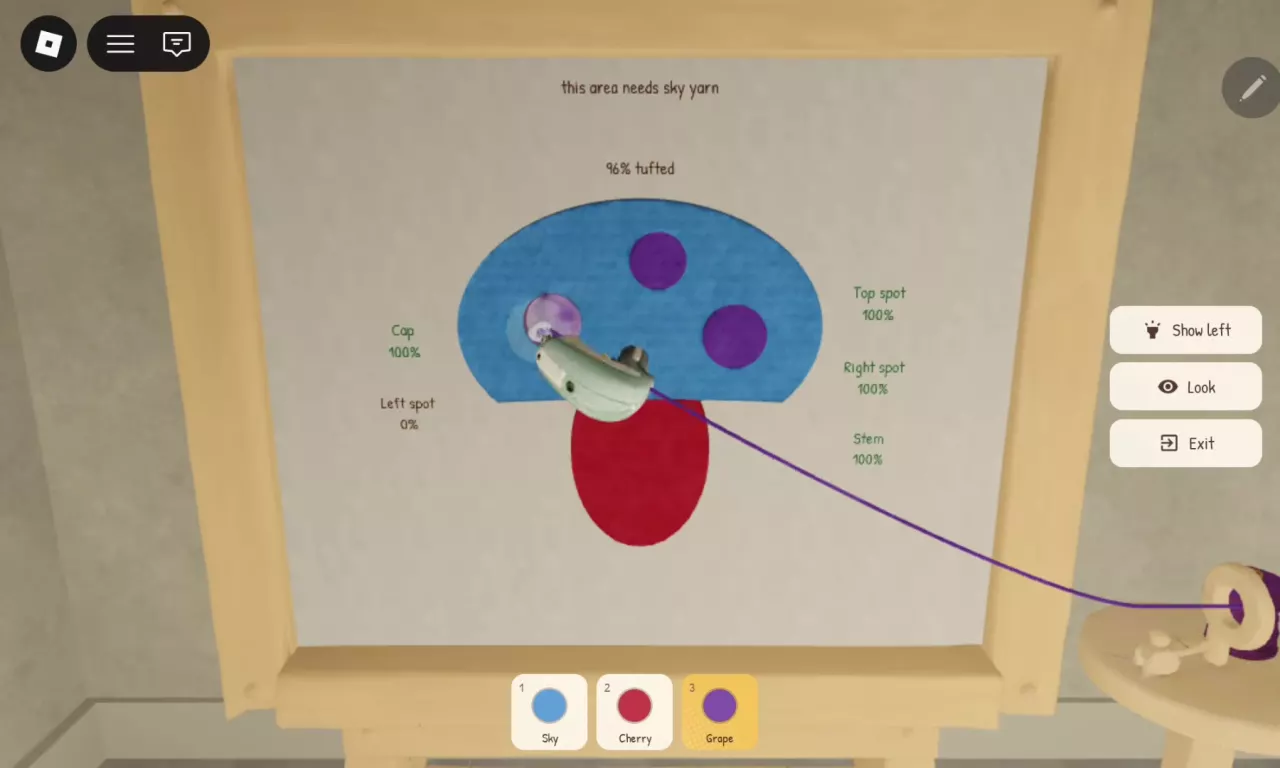 Sky yarn requirement message while Grape is selected, with Sky available in the bottom yarn options.